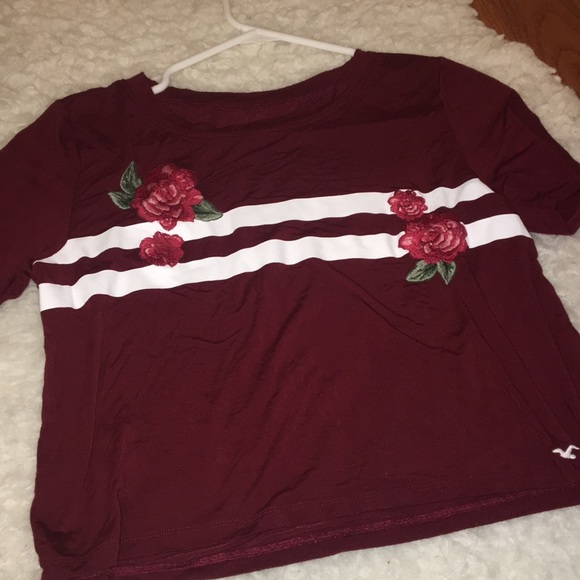 Hollister- Maroon T-Shirt w/ Roses and Stripes - Picture 2 of 5